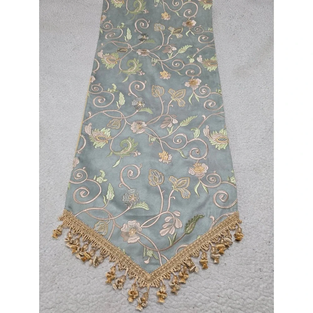 Canaan Company Sage Green Faux Suede Embroidered Floral Beaded Tassel Table Run
